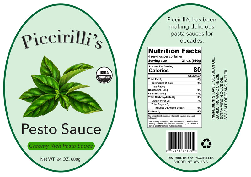 A green pasta sauce label entitled Piccirilli's Pesto Sauce
